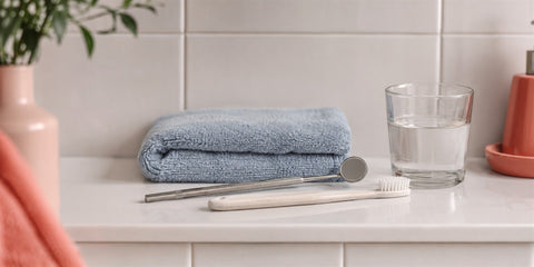 Toothbrush, dental mirror and glass of water for oral care