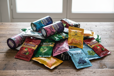 A pile of assorted flavoured waterpipe tobacco packets