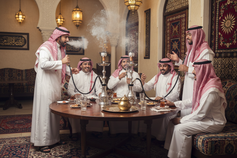 Men sharing a shisha pipe at a restaurant table