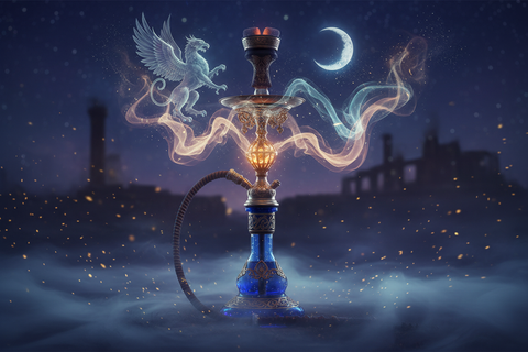 A shisha pipe surrounded by smoke and shadow