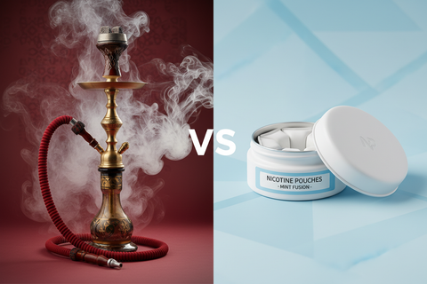 A shisha pipe next to a can of nicotine pouches