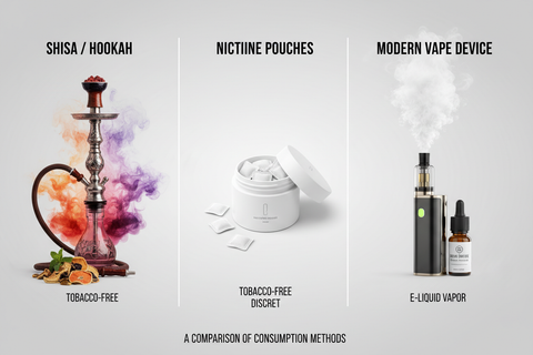 A shisha pipe, a can of nicotine pouches and a vaping device side by side