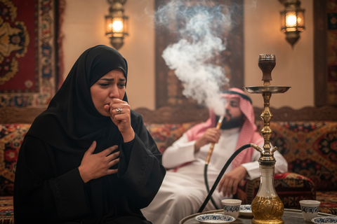 A woman coughing as shisha smoke drifts towards her