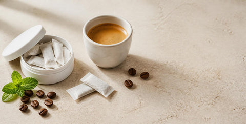 Caffeine pouches beside an open can, an espresso cup, coffee beans and mint