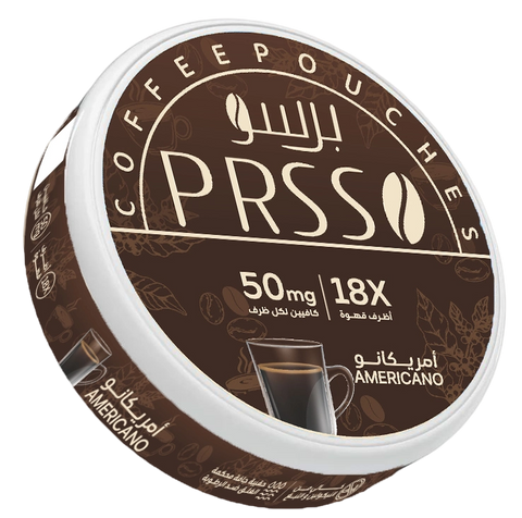 A round tin of PRSS Coffee Pouches in the Americano flavor, featuring a dark brown label with white text and coffee bean graphics on a white background.
