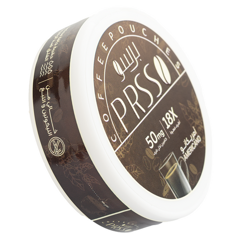 A round canister of coffee pouches with a white rim and a dark brown label featuring the brand name 'PRSSO' and Arabic text, shown on a plain white background.