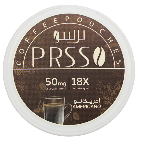 PRSSO coffee pouch packaging with branding and product details on a white background