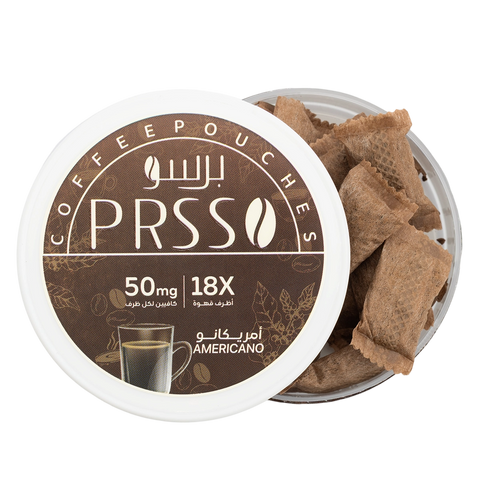 Container of PRSS coffee pouches with a brown label on a white background