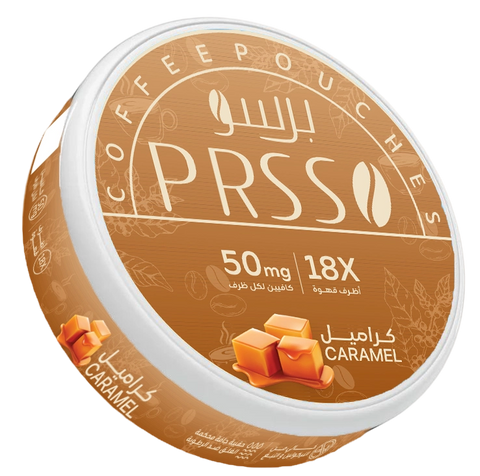 A round container of PRSS Coffee Pouches in caramel flavor, featuring a brown label with white text and illustrations of caramel cubes, shown on a plain white background.