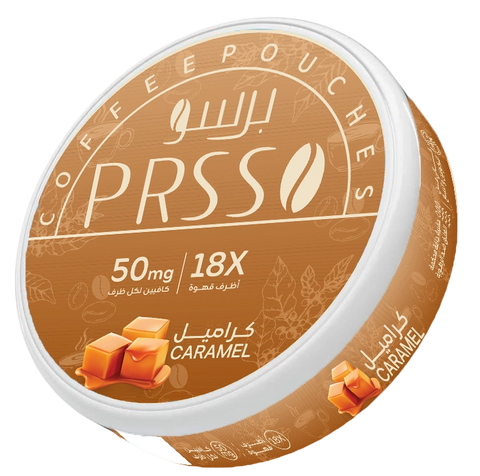 A round tub of PRSS Coffee Pouches in Caramel flavor, featuring a brown and white label with Arabic and English text, coffee bean illustrations, and caramel cube graphics on a white background.