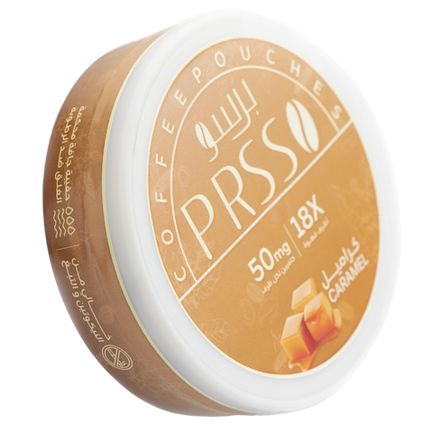PRSSO coffee pouch with caramel flavor on a white background