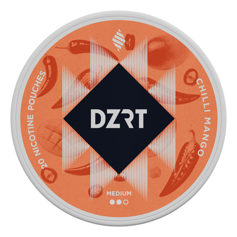 A round tin of DZRT nicotine pouches, flavor Chilli Mango, with a bright orange label featuring chili peppers, mango slices, and a central black diamond with the white DZRT logo.