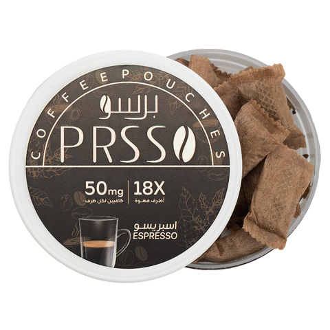 PRSSO coffee pouches in a container with branding and product details.