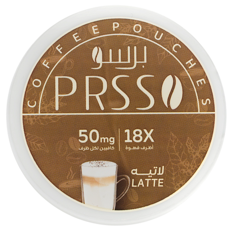 A round coffee pod container lid for PRSS Press coffee, featuring a brown and beige design with Arabic text, '50mg', '18X', and 'Latte' with a cup illustration, on a white background.