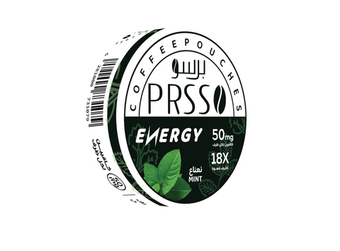 A round can of PRSO COFFEEPOUCHES Energy Mint pouches, featuring a dark green and black label with white text and mint leaf graphics, on a plain white background.