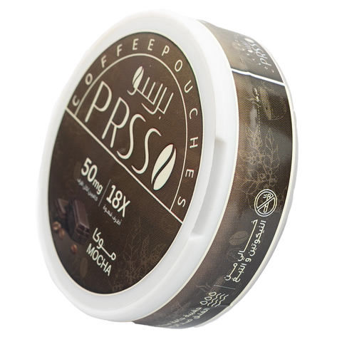 A single round container of PRSS Coffee Pouches in Moccha flavor, 50 mg, 18x count. The packaging features a dark brown label with white text and a white outer rim, shown at an angle on a clean white background.