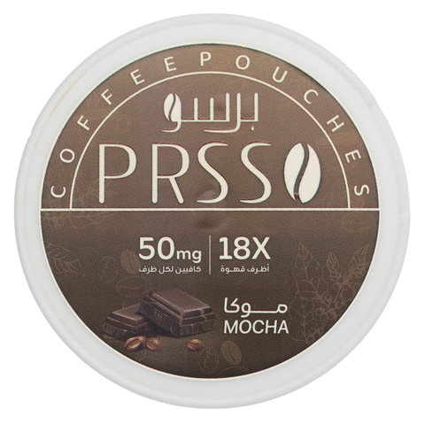 A round white plastic tub of PRSSO Coffee Pouches in Mocha flavor, featuring a brown label with white text and chocolate graphics.