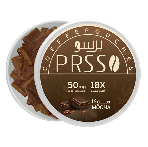 A round tin of PRSS Coffee Pouches in Mocha flavor, with the lid propped open to show the brown coffee pouches inside. The packaging is dark brown with beige text and graphics, and the product is shown on a clean white background.
