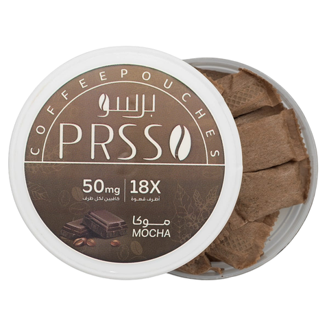 A round tin of PRSSO Coffee Pouches in Mocha flavor, showing the white lid with brown label graphics and the open container revealing brown coffee pouches inside, on a white background.