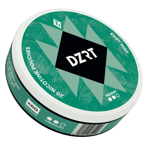 DZRT nicotine pouches container with green and white design