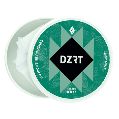 DZRT nicotine pouch container with green and white design on a white background DZRT Edgy Mint Medium 6mg